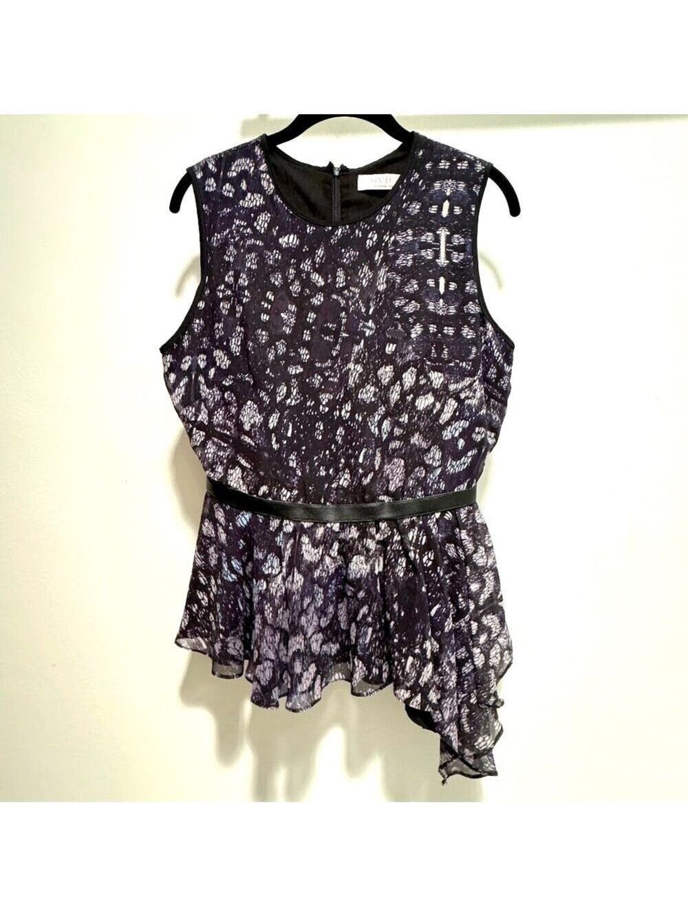Hunter Bell Sleeveless Peplum, 100% Silk & Leather Trim, Size 8